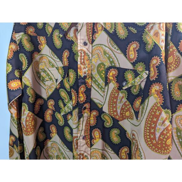 Vintage Wrangler Mens Shirt Large Snaps Western Paisley Single Needle Long Tails - Picture 6 of 8